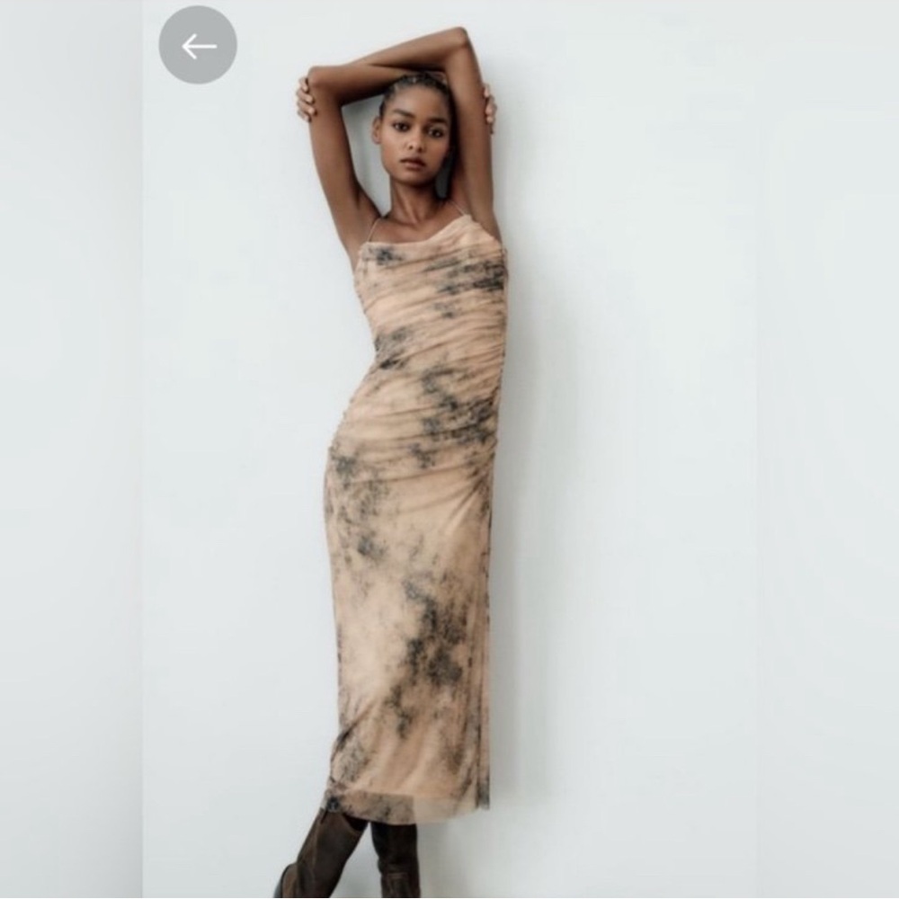 Zara tulle nude tie-dye abstract ruched draped strappy midi dress S NWT